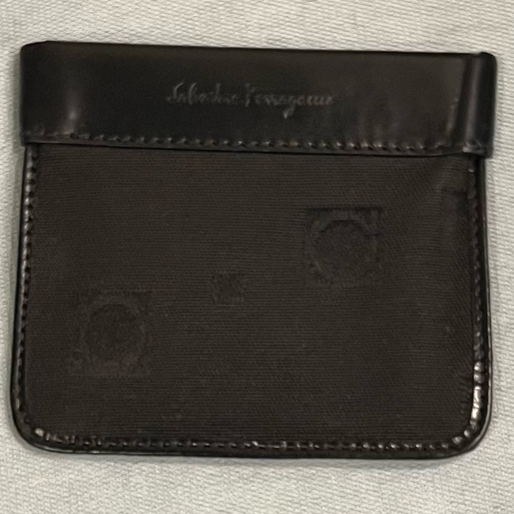 Rare Ferragamo Black Leather-Canvas Coin Pouch/Card Holder